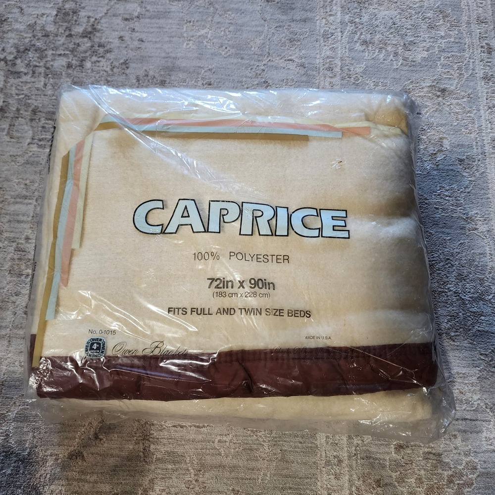 Vintage Owen Blankets Caprice Cream Brown Binding Full Twin Blanket 72x90 USA